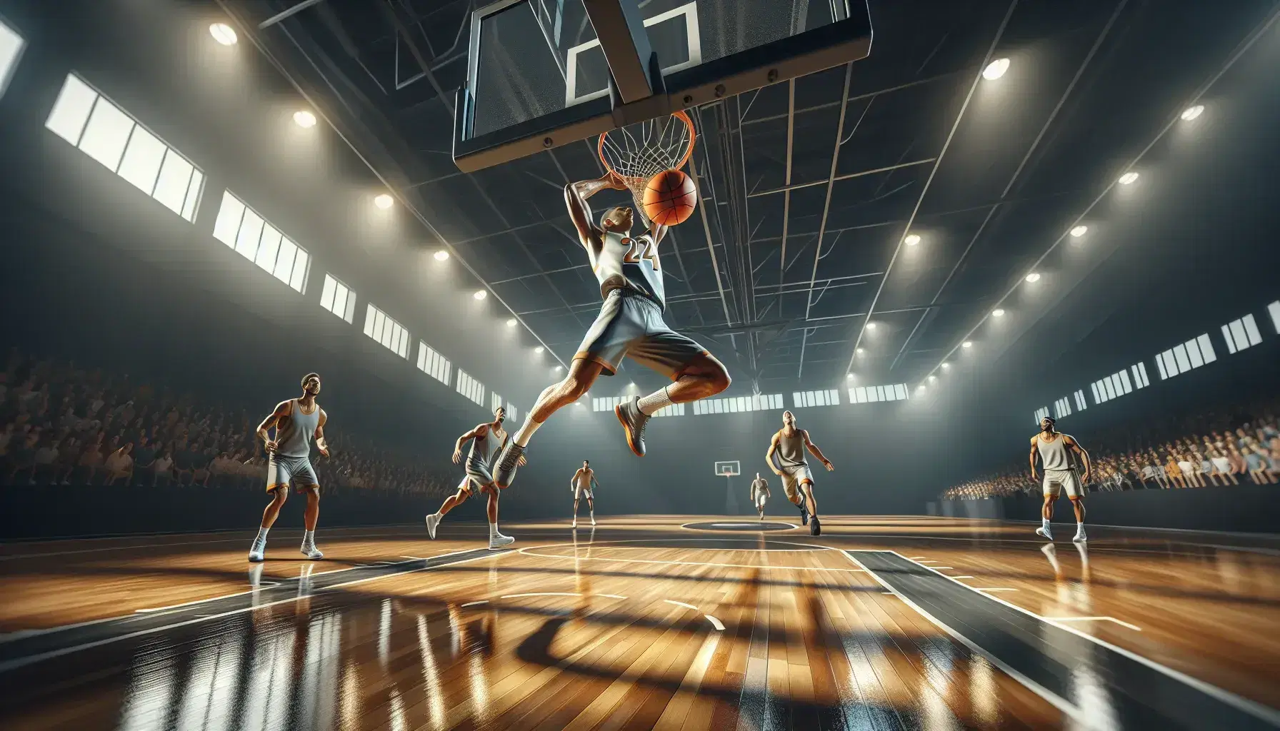 Jugador de baloncesto en uniforme claro realiza un mate en el aire con el balón naranja en una cancha de madera pulida, rodeado de rivales y gradas desenfocadas.