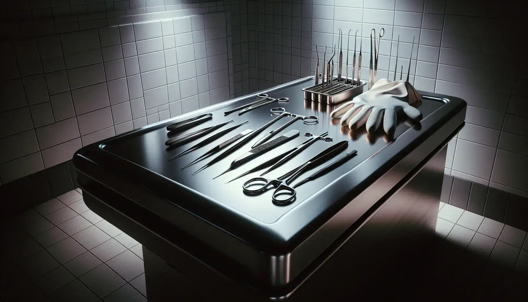 Mesa de acero inoxidable con acabado mate y bordes redondeados con instrumentos quirúrgicos y guantes de látex en una morgue.