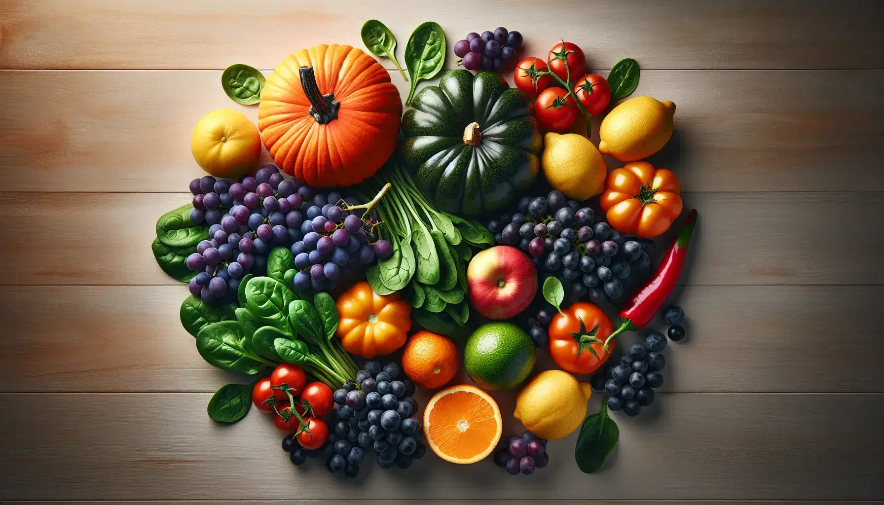 Variedad de frutas y verduras frescas sobre superficie de madera clara, con calabaza naranja central, uvas moradas, hojas de espinaca, tomates rojos, limón amarillo y pimiento rojo.