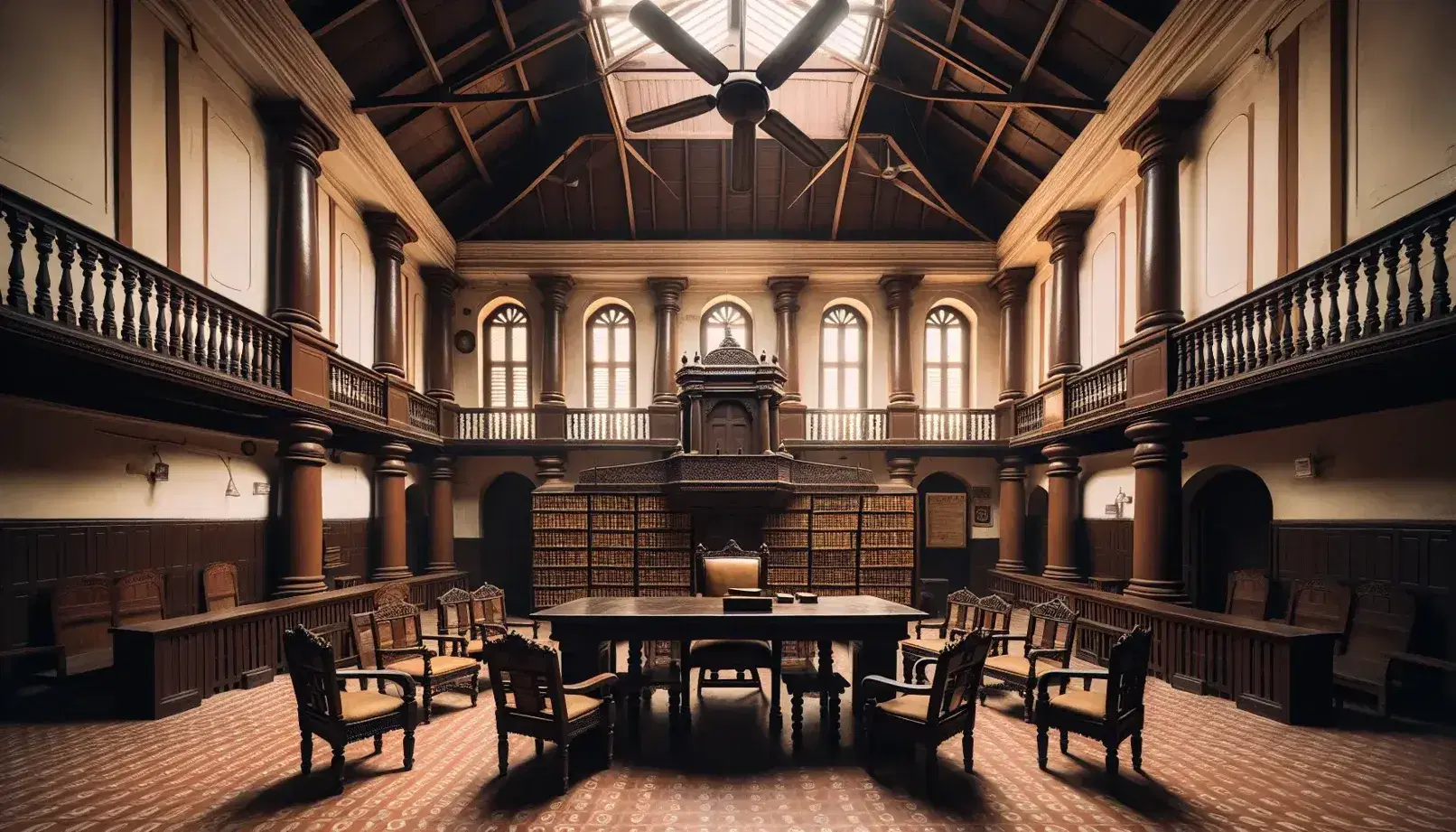 Aula giudiziaria indiana d'epoca coloniale britannica con pareti crema, colonne marroni, tavolo in legno scuro, pulpito e tomi giuridici.