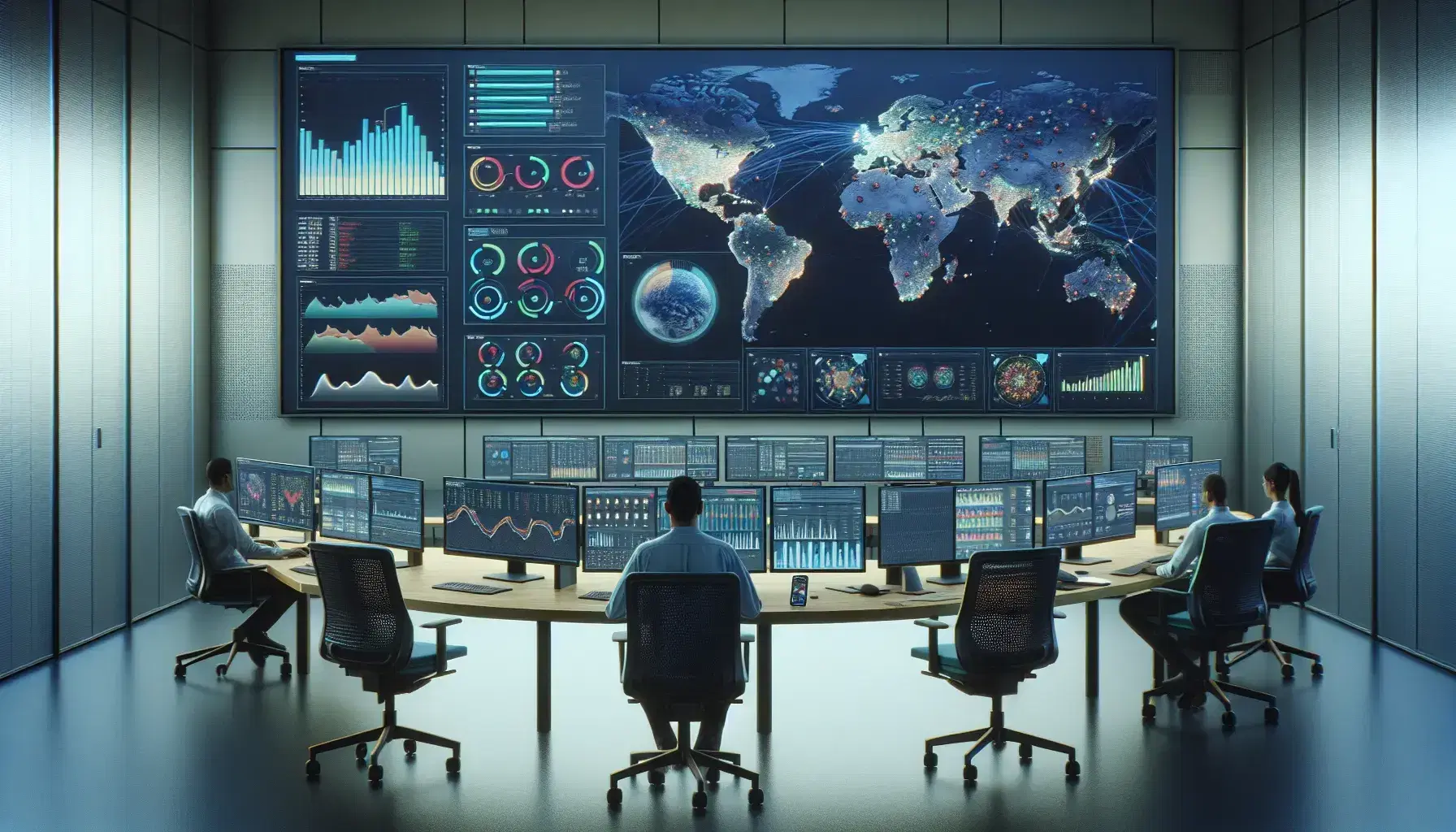 Sala de control con monitores mostrando gráficos en tiempo real, mapa mundial en pantalla grande y personas analizando datos.