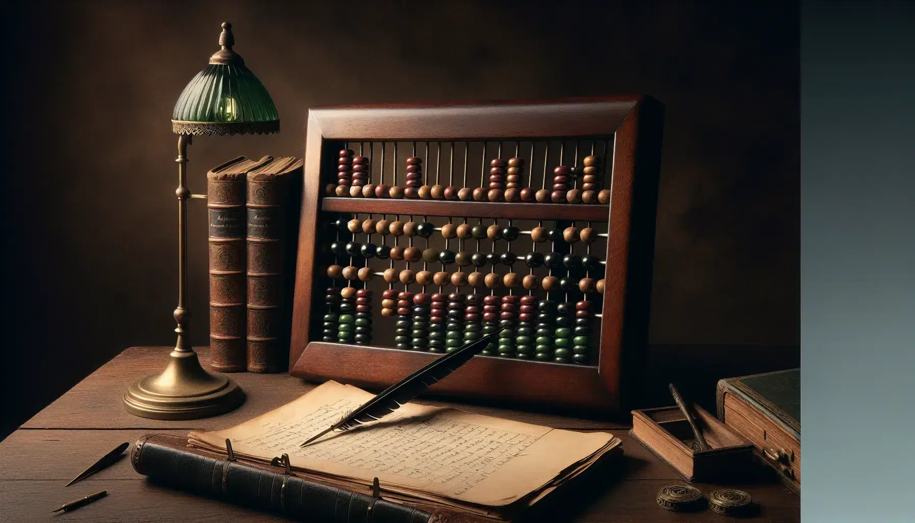 Vintage still life with abacus, leather-bound ledger, brass lamp with green shade, quill in silver inkwell, and wire-rimmed spectacles on a wooden surface.