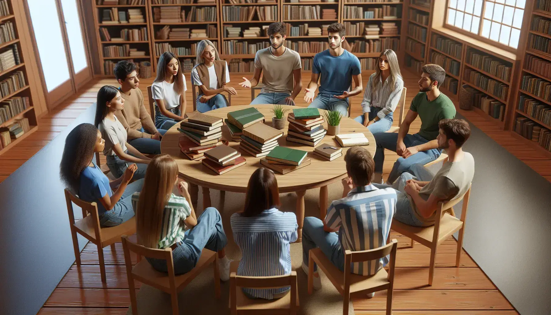 Estudiantes diversos en círculo en biblioteca discutiendo con libros en mesa, luz natural, ambiente de estudio y participación activa.