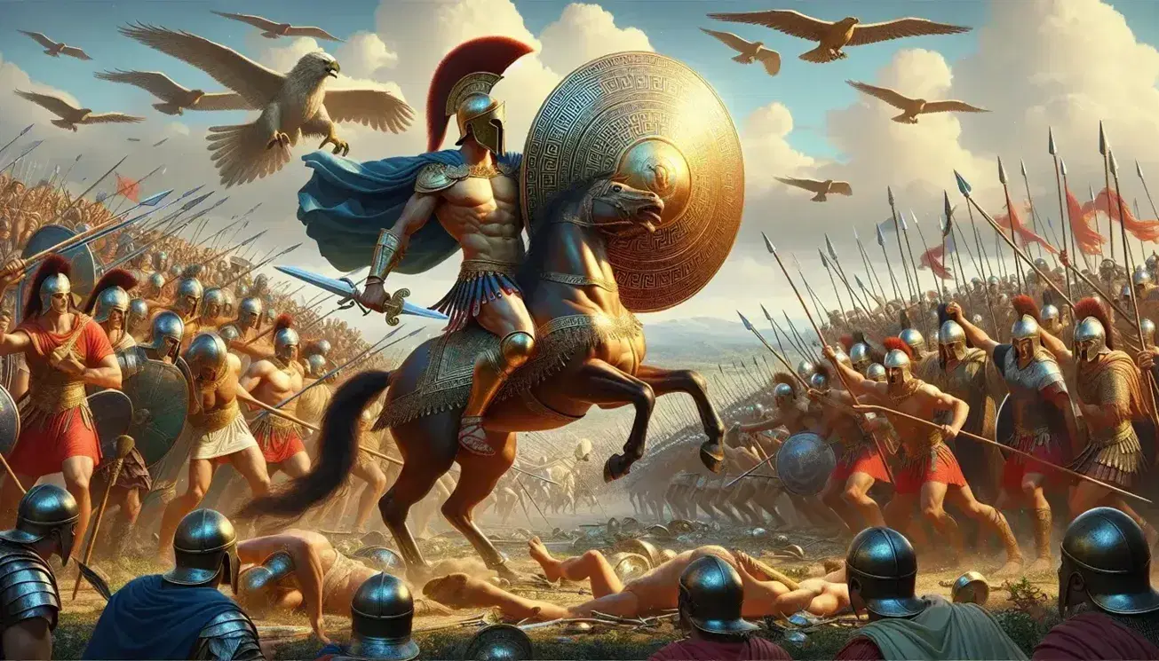Scena di battaglia greca antica con guerriero in armatura, scudo e lancia, cavalli in movimento e spettatori variopinti sotto cielo azzurro.
