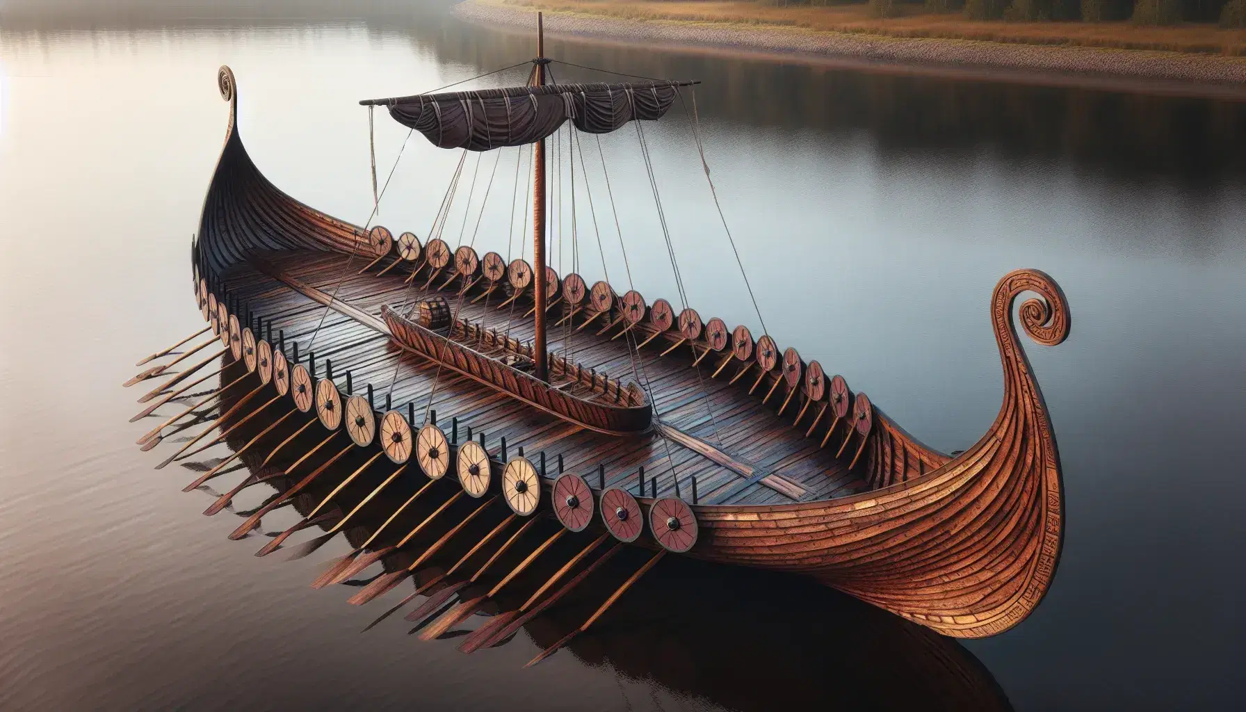 Reconstructed Viking longship docked on a riverbank with clinker-built hull, mast, red and black shields, and carved dragon heads, amidst a tranquil riverside setting.