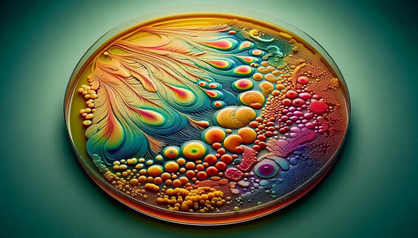 Vibrant bacterial culture on agar with red, blue, yellow, and green colonies, showcasing diverse Proteobacteria species in a petri dish.