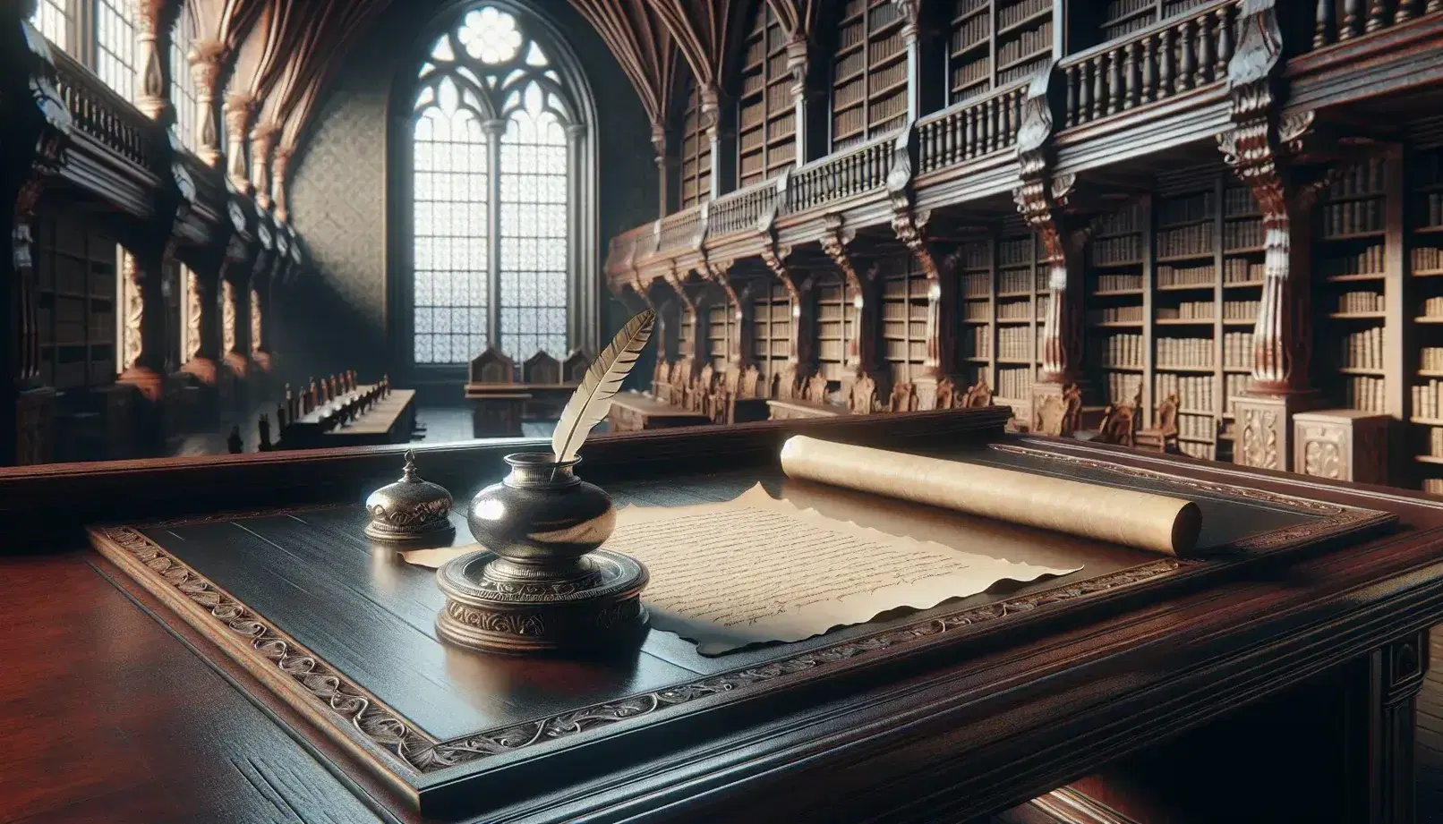 Biblioteca antica con scrivania in legno lucido, calamaio d'argento con piuma d'oca e pergamena avorio, scaffali colmi di libri rilegati e finestra ad arco.