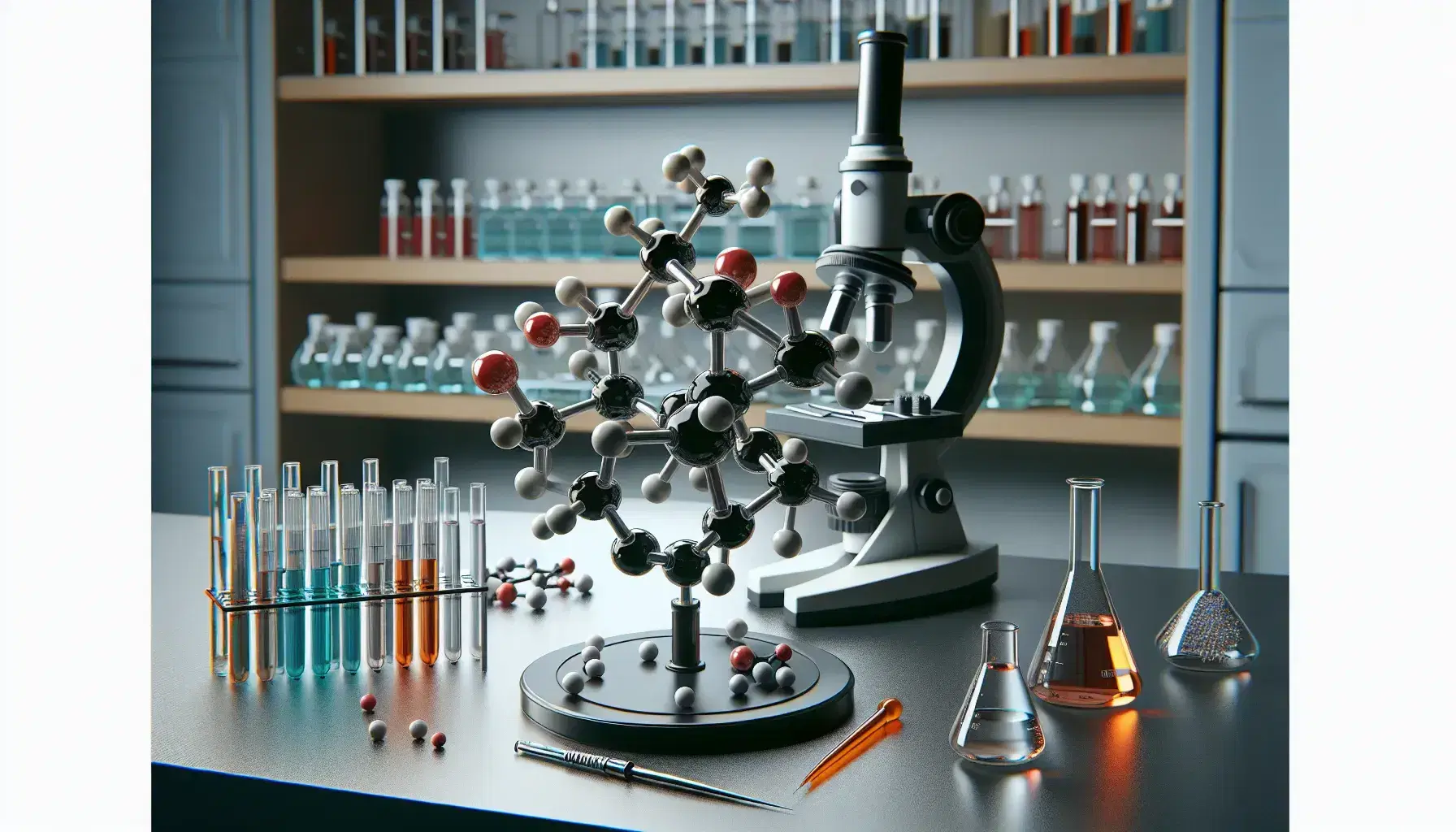 Tavolo da laboratorio con modello molecolare di disaccaride, provetta con liquido incolore, pipetta e microscopio moderno, sfondo con reagenti.