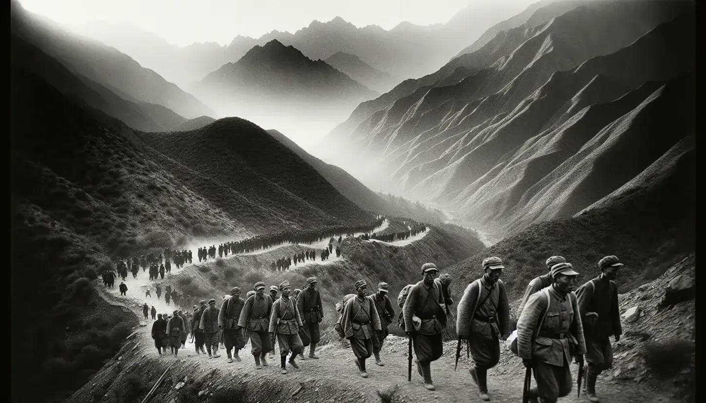 Historical grayscale photo of Chinese soldiers on the Long March, trekking single file through rugged mountains with rifles and backpacks.