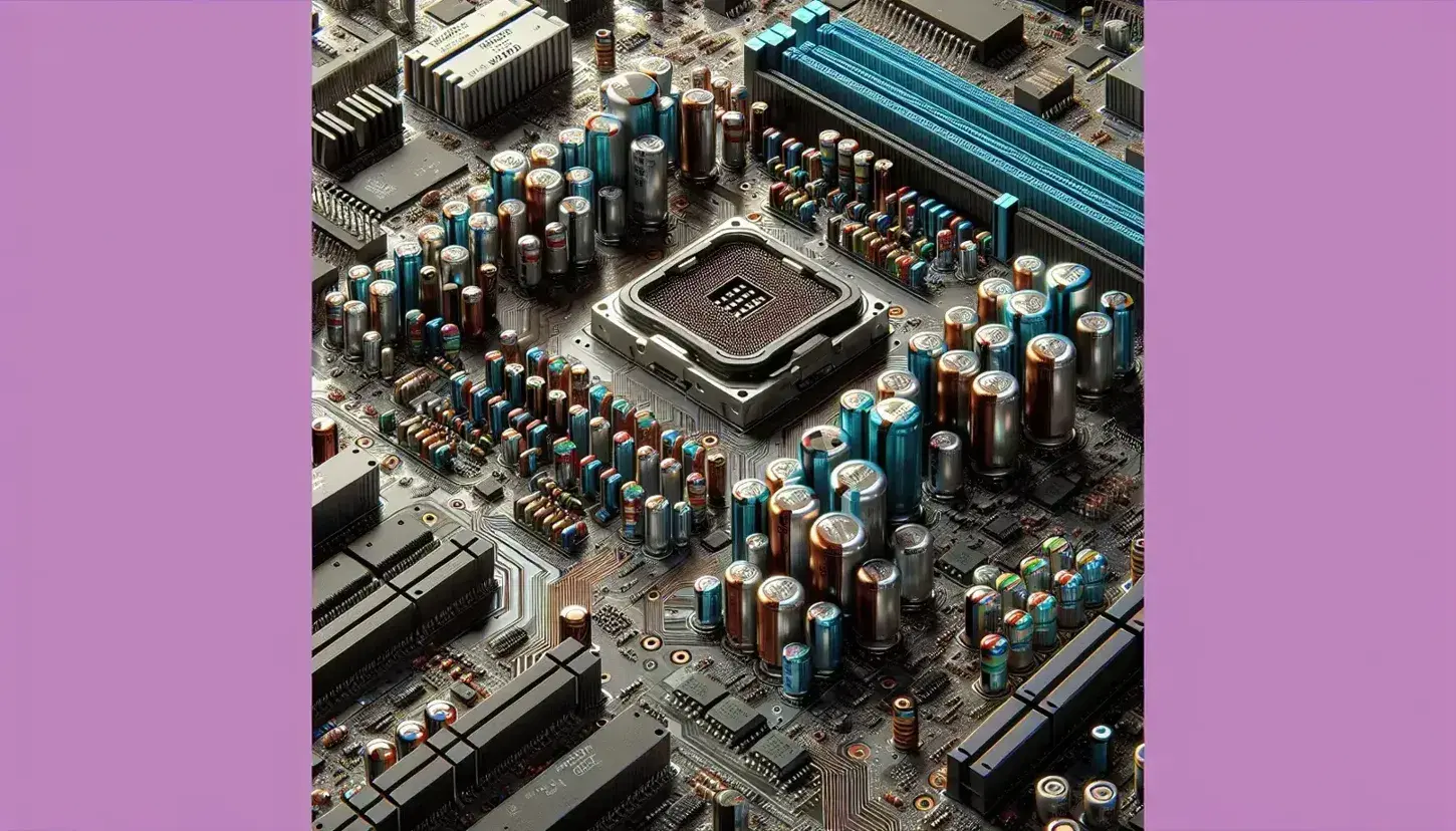 Close-up of a computer motherboard with empty CPU socket, free RAM slots, cylindrical capacitors and integrated circuits.