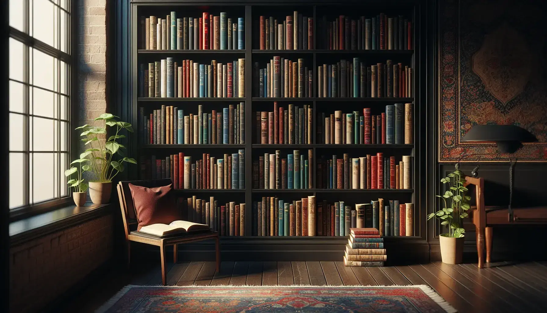 Estantería de madera oscura repleta de libros de colores variados con silla y cojín rojo, libro abierto, alfombra persa y planta verde.