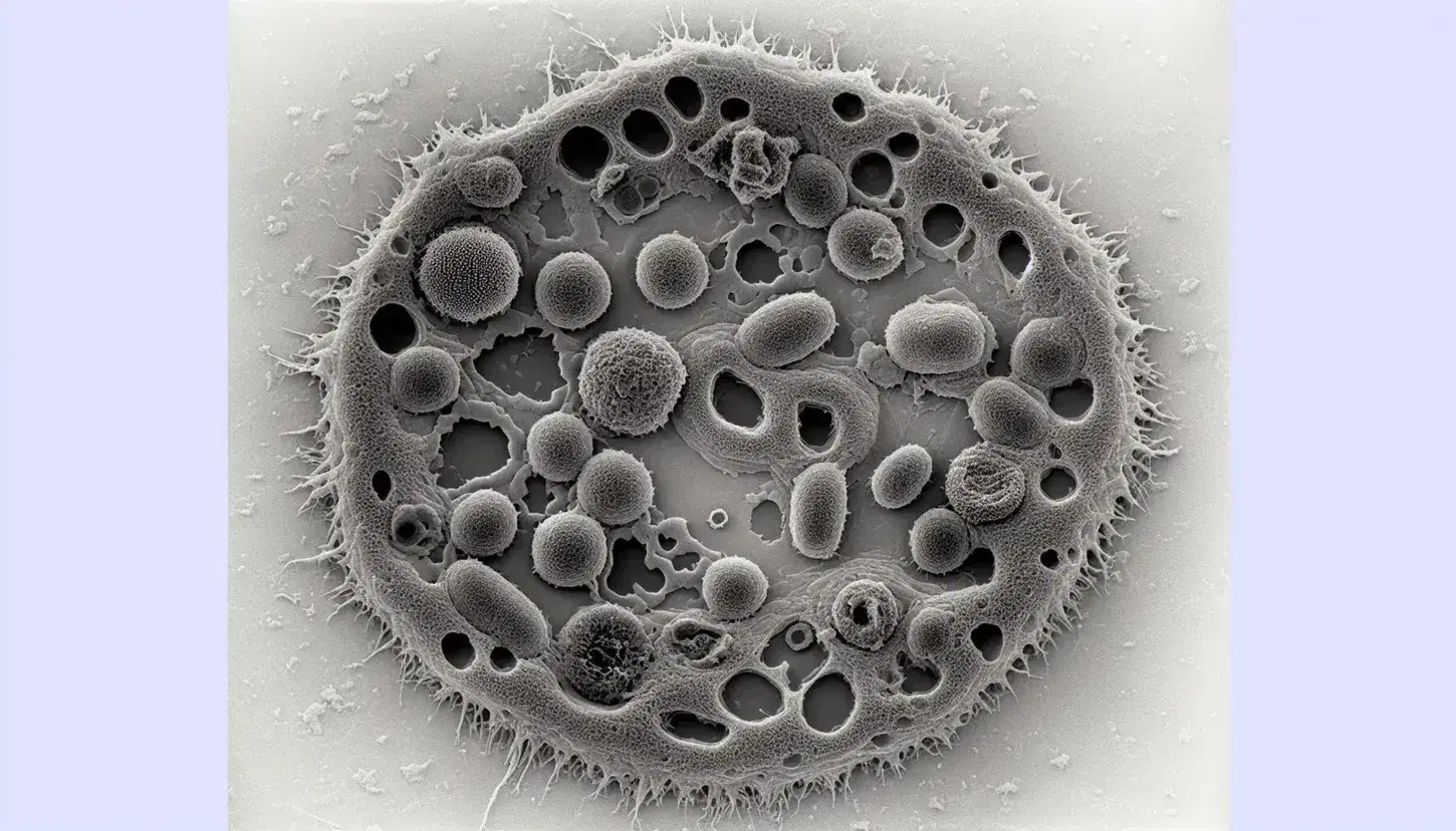 Micrografía electrónica de transmisión en escala de grises mostrando la textura interna de una célula bacteriana con nucleoide central y ribosomas circundantes.