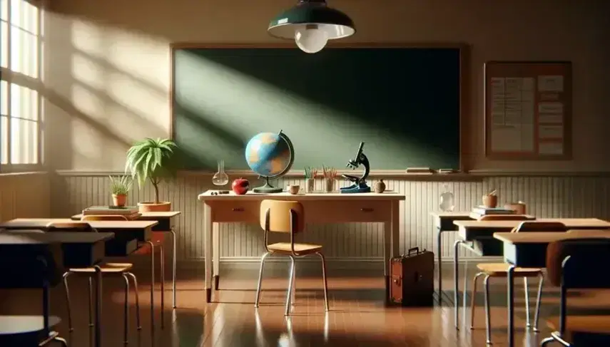 Aula scolastica ordinata con tavolo in legno, mela rossa, globo, pianta, microscopio, sedia con cuscino blu e lavagna verde pulita.