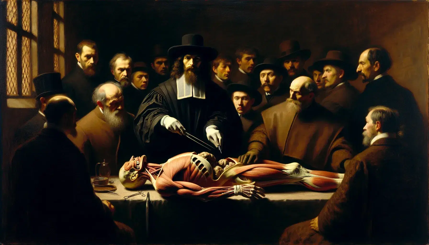 Riproduzione fotografica del dipinto "La lezione di anatomia del dottor Tulp" con uomini attorno a un corpo durante una dimostrazione chirurgica.