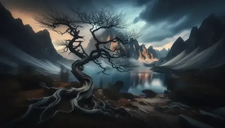Paisaje romántico con árbol desnudo y retorcido en primer plano, lago sereno y montañas neblinosas al fondo, y figura solitaria en atuendo del siglo XIX contemplando la escena.