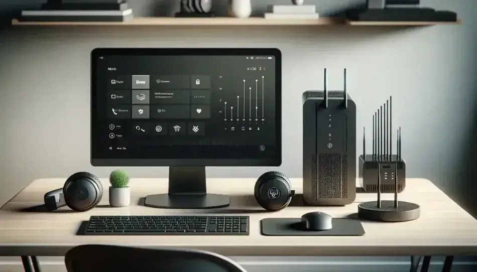 Espacio de trabajo moderno con torre de computadora negra, monitor, teclado y ratón inalámbricos, dispositivo router, smartphone, auriculares y planta decorativa.