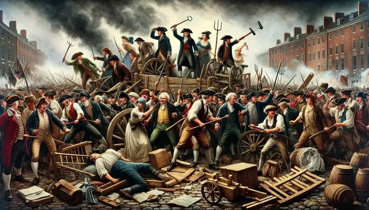 Revolutionary crowd with pitchforks and hammers behind a makeshift barricade under a smoke-filled, overcast sky, waving a frayed, solid-color flag.