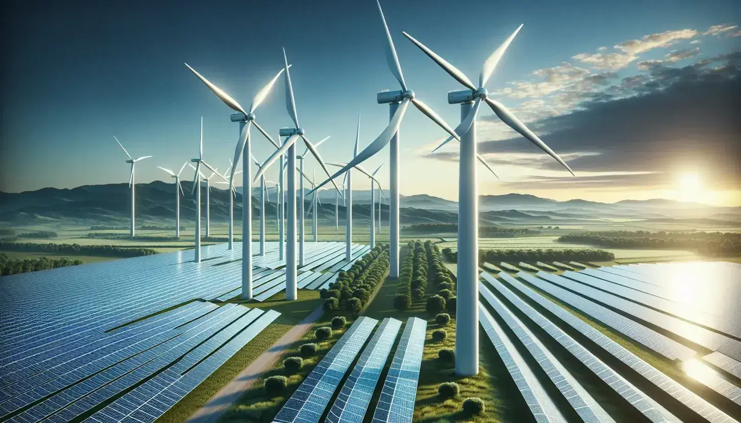 Landscape with white wind turbines in a row and reflective solar panels under a blue sky, green hill and tree in the distance.