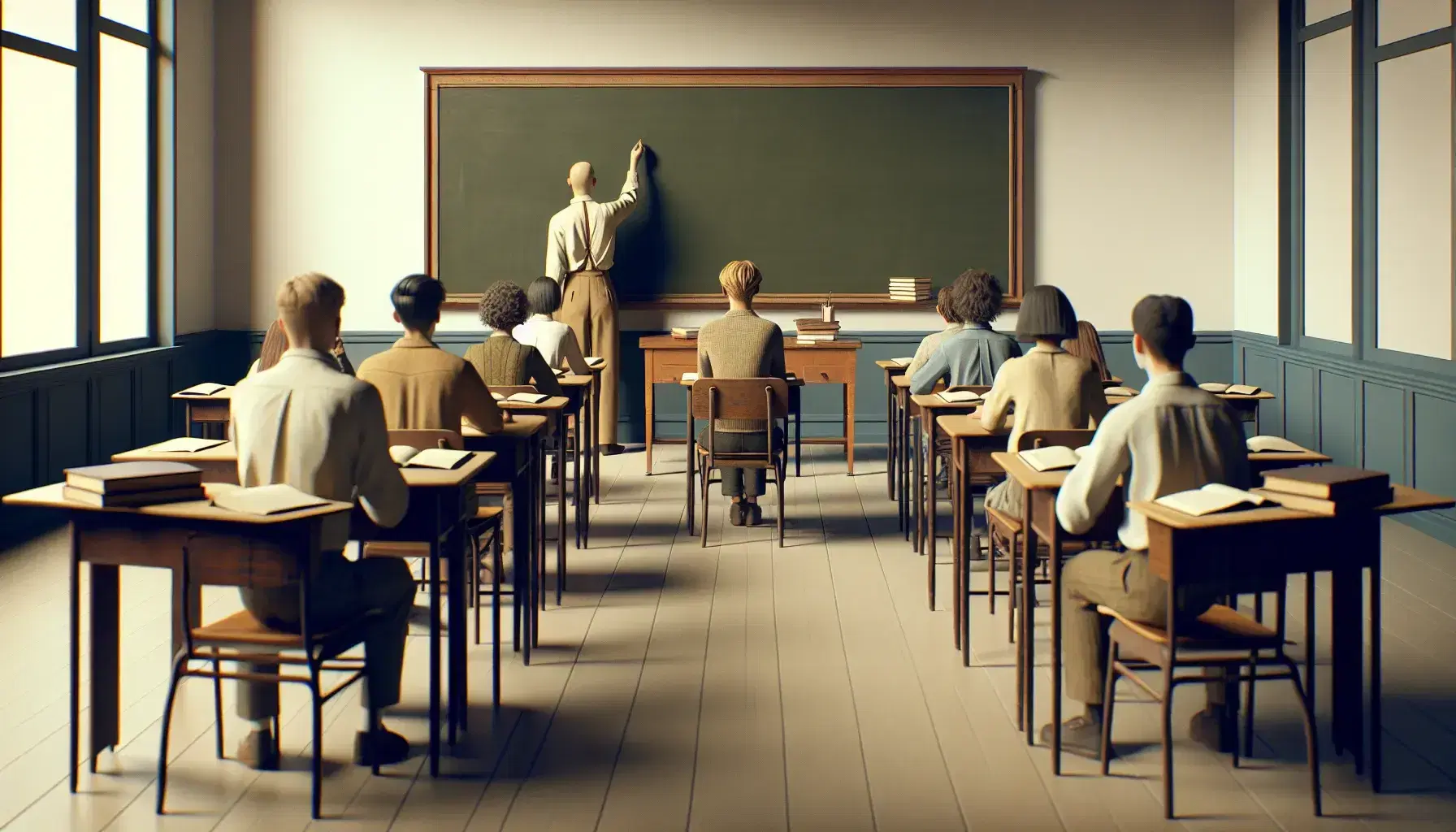 Diverse students in a classroom with semi-circular desk arrangement, facing a teacher pointing at a blank chalkboard, soft lighting overhead.