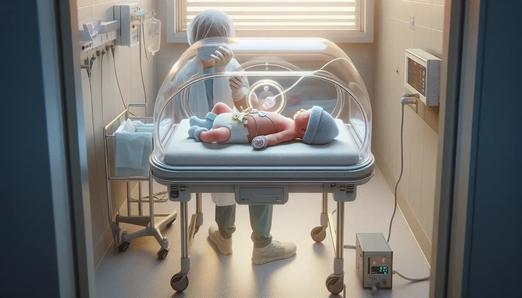 Recién nacido en incubadora transparente con tono amarillento en la piel y sensor de monitoreo, atendido por profesional de la salud en hospital.