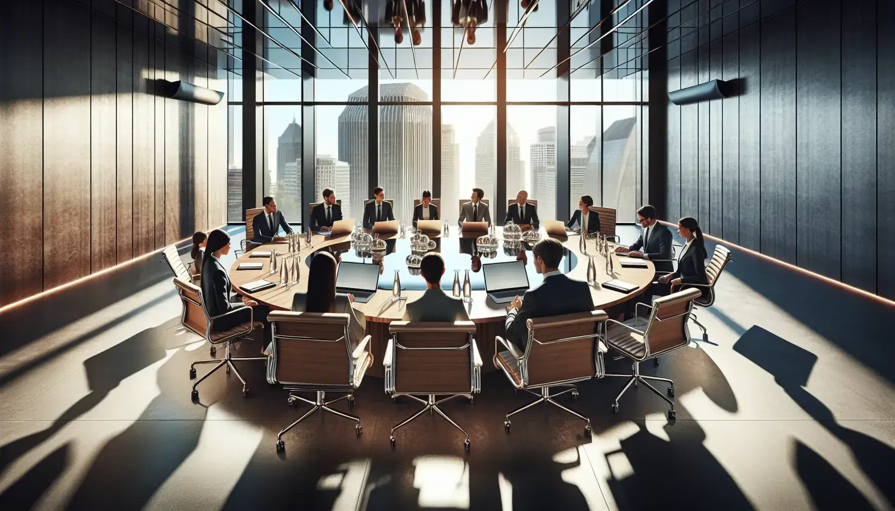 Modern boardroom with oval wooden table, high-back chairs, laptops, and water bottles, against a backdrop of a city skyline through a large window.