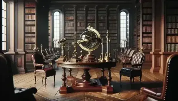18th-century classical library with a mahogany table displaying a brass sextant, wooden telescope, and glass orb, flanked by leather chairs and bookshelves.