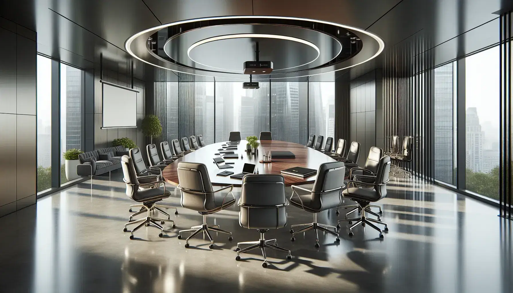 Sala de conferencias moderna con mesa ovalada de madera, sillas ergonómicas grises, dispositivos electrónicos y grandes ventanas con vistas urbanas.