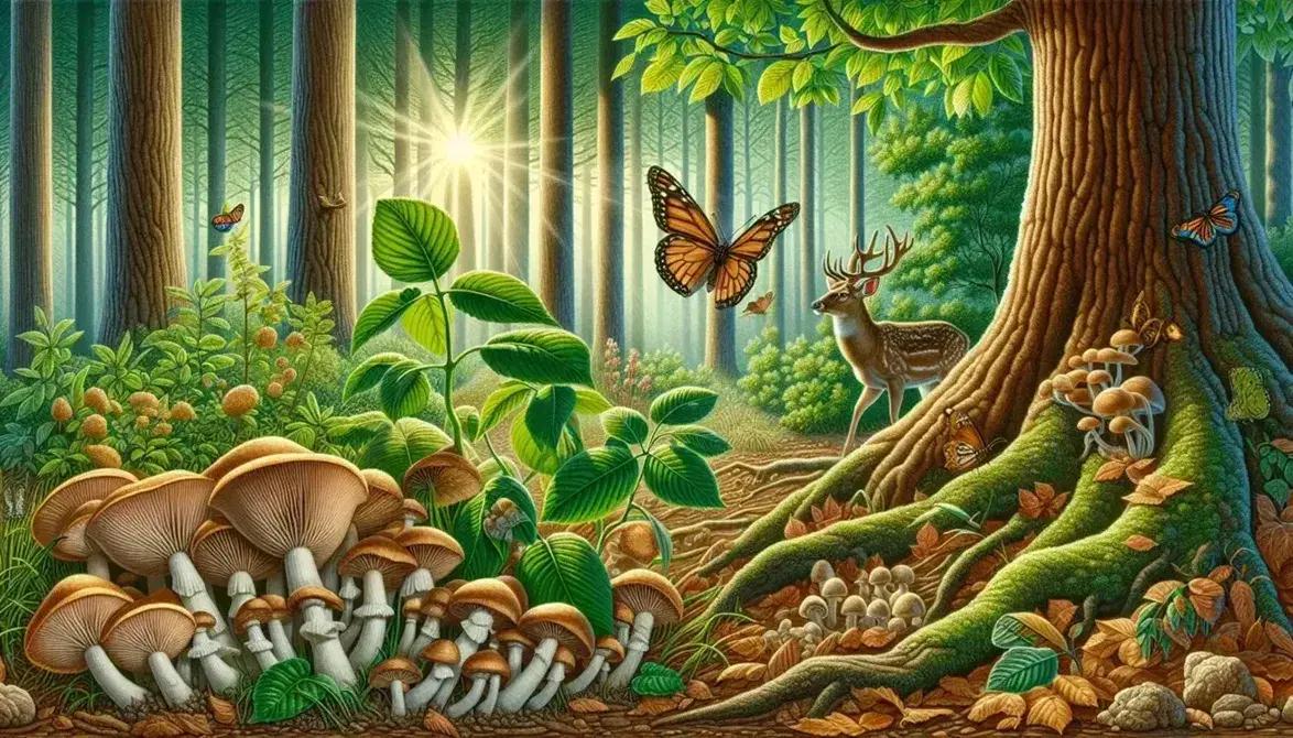 Bosque diurno con árbol robusto, ciervo comiendo hojas, mariposa en flor amarilla y hongos creciendo junto a un árbol.