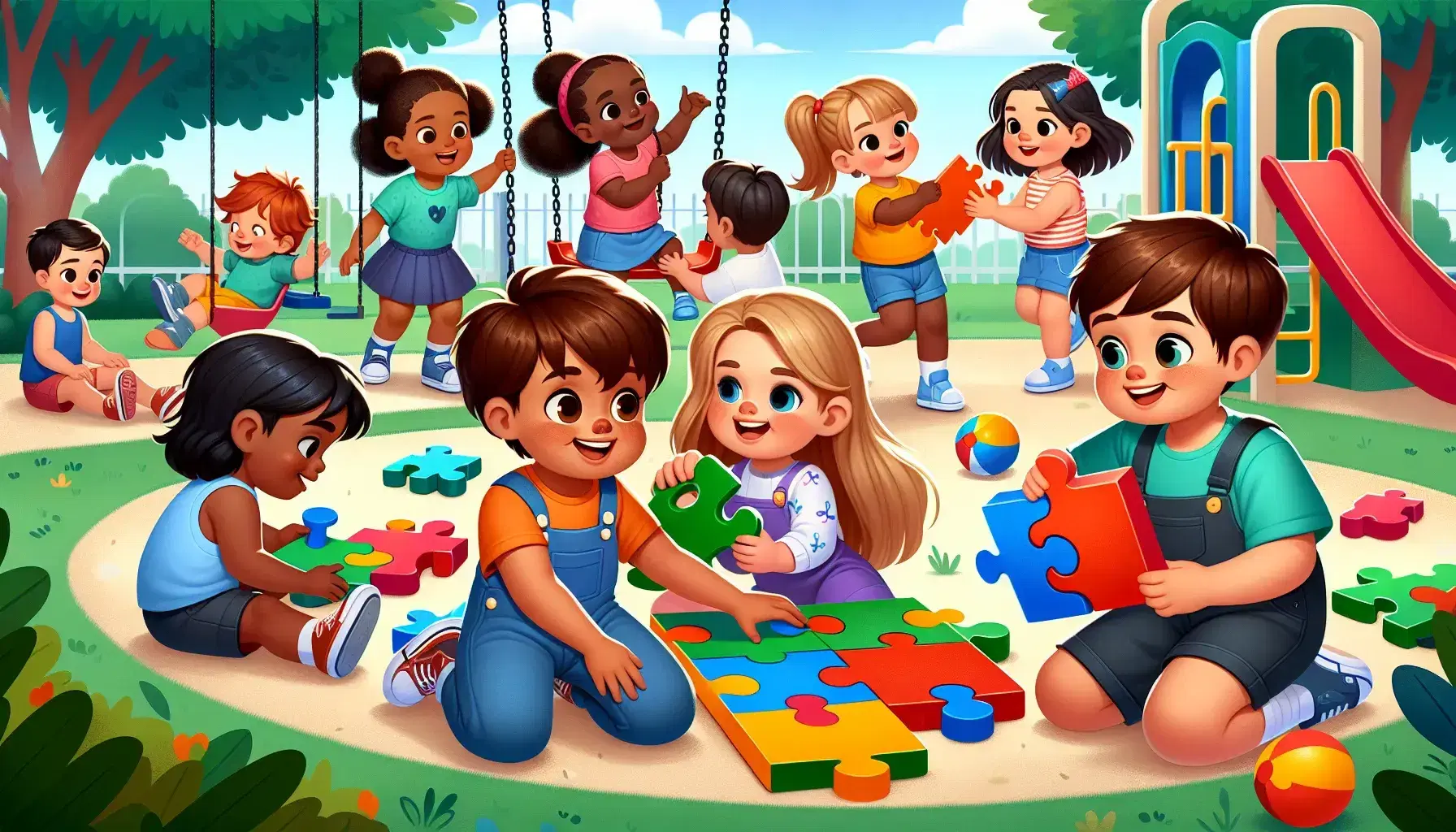 Niños diversos jugando en parque exterior, con niño sosteniendo rompecabezas y niña ayudando, otros en columpio y túnel de juego, bajo cielo azul.