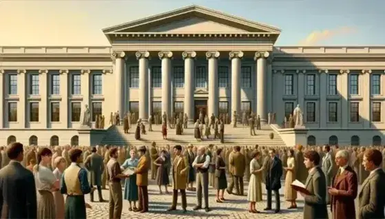 Grupo diverso de personas conversando frente a edificio neoclásico con columnas y escalinata, bajo un cielo azul despejado.