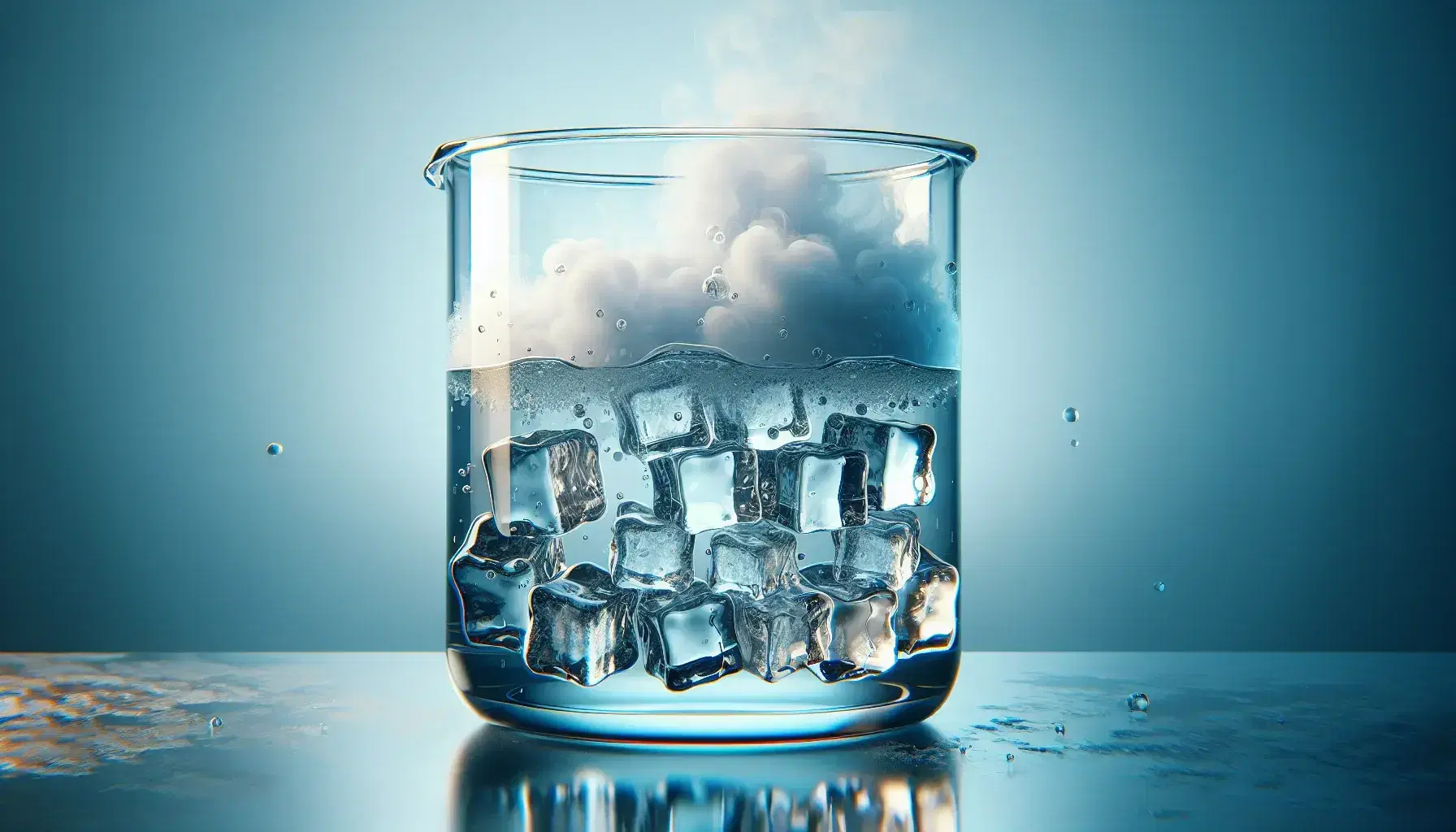 Glass beaker on reflective surface with ice cubes, liquid water and visible water vapor, on light blue-white gradient background.