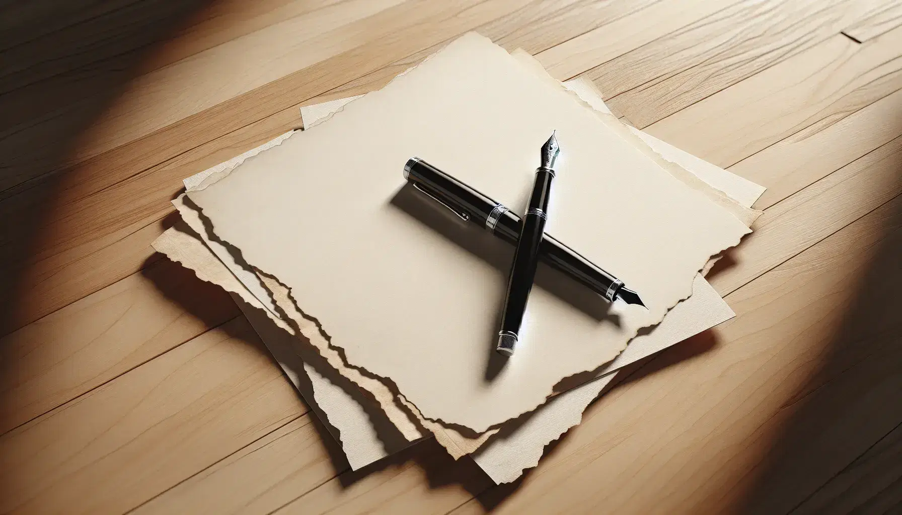 Pluma fuente negra con detalles plateados sobre hojas en blanco desordenadas en superficie de madera clara, listas para la escritura creativa.