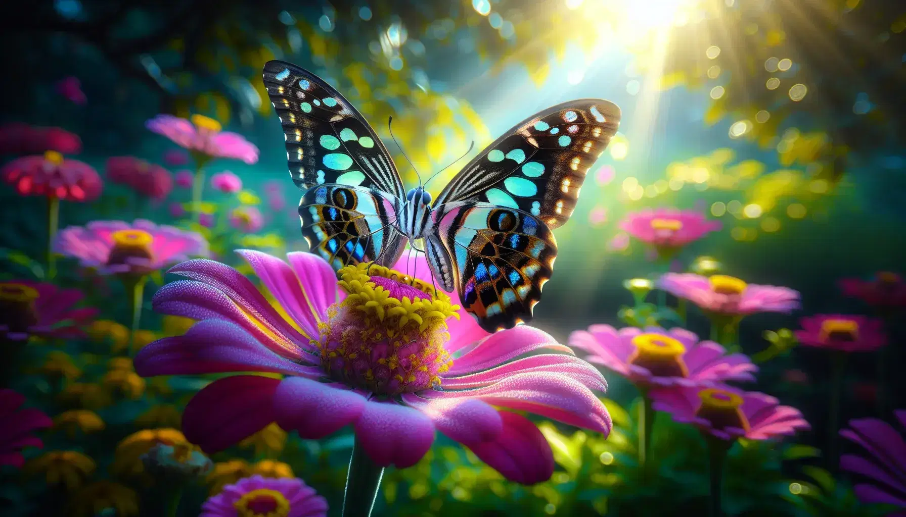 Mariposa con alas desplegadas mostrando patrones simétricos en azules, amarillos y negros, posada en una flor rosa con centro amarillo, en un jardín verde difuminado.