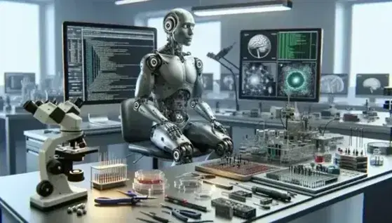 Humanoid robot sitting at a desk with scientific instruments, microscope, petri dishes and electronic components, monitor with codes and molecular models.