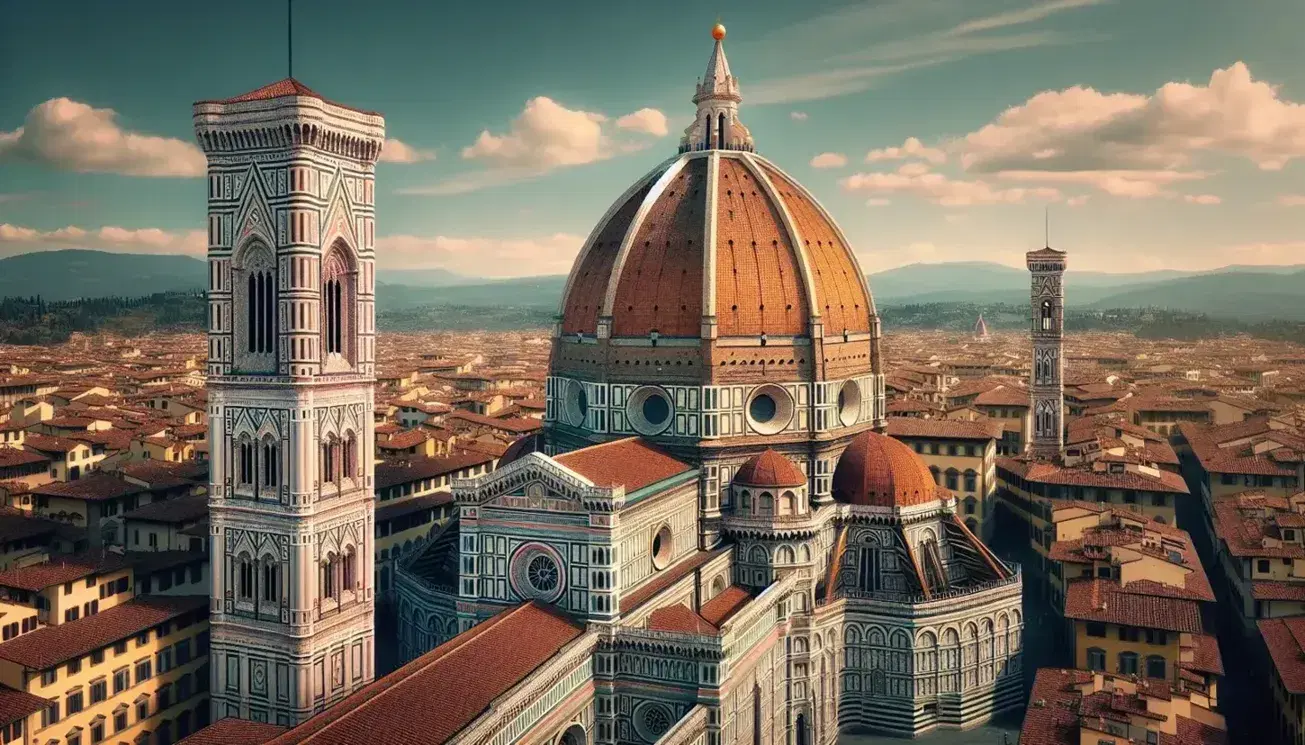 Veduta panoramica del Duomo di Firenze con la cupola di Brunelleschi e il campanile di Giotto, cielo azzurro con nuvole sparse.