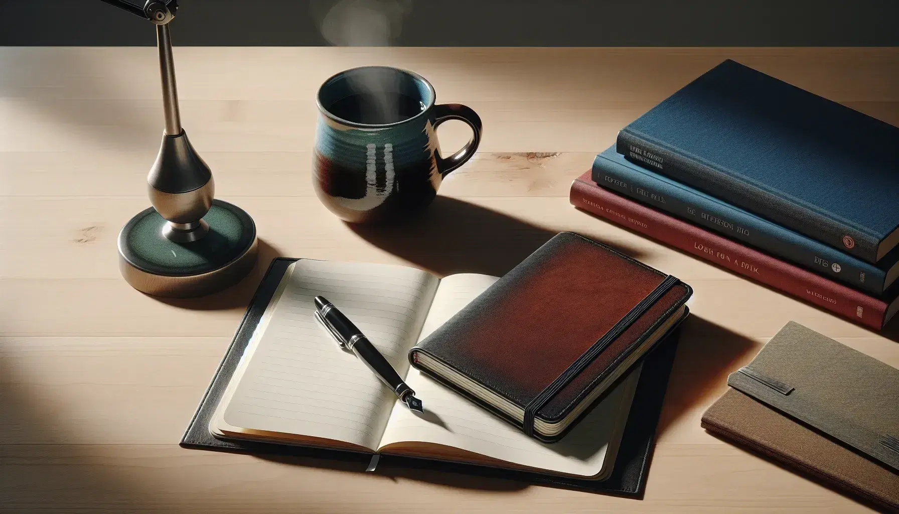 Mesa de madera clara con pluma fuente negra, cuaderno abierto, taza de café humeante y libros apilados bajo una lámpara de escritorio, ambiente de estudio acogedor.