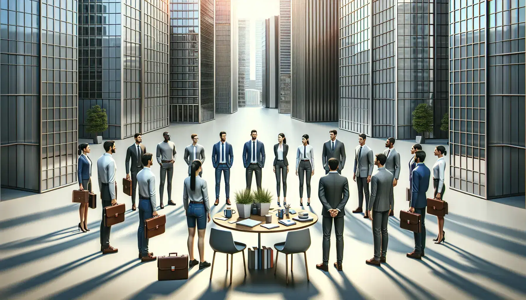 Grupo diverso de profesionales en semi-círculo con líder al centro, frente a edificios de oficinas modernos, mesa con objetos y cielo despejado.
