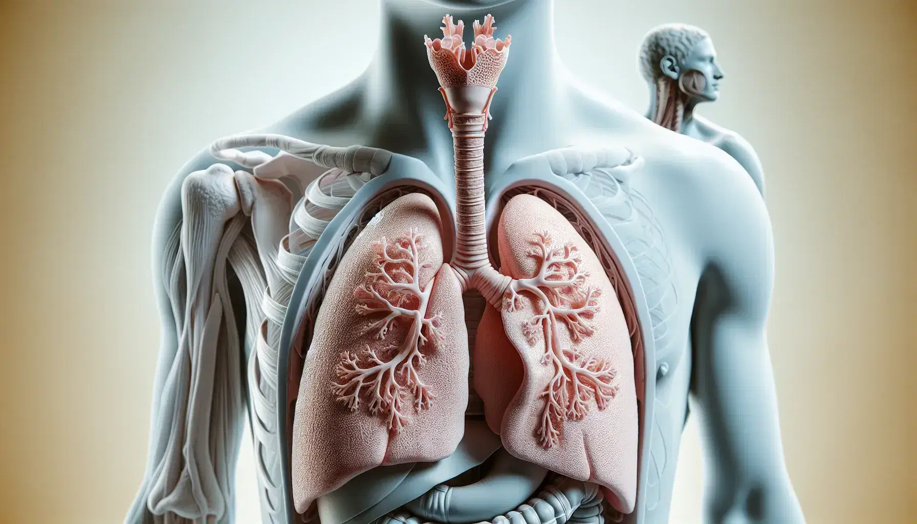 Vista anatómica detallada del sistema respiratorio humano con pulmones, tráquea, figura en perfil y diafragma sobre fondo azul claro.