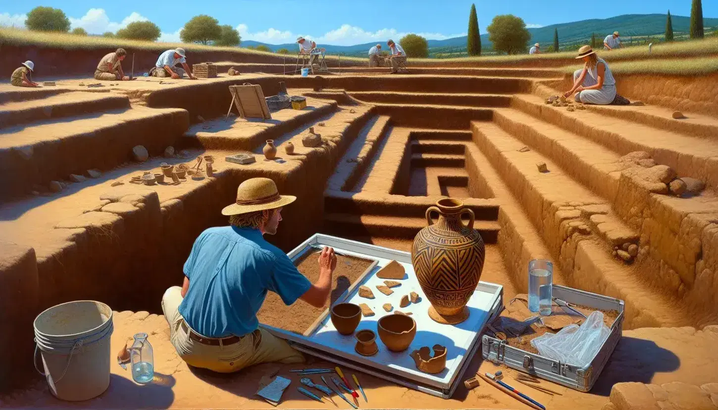 Scavo archeologico con tomba etrusca, archeologo scopre anfora dipinta, tavolo per catalogazione reperti e paesaggio rurale.