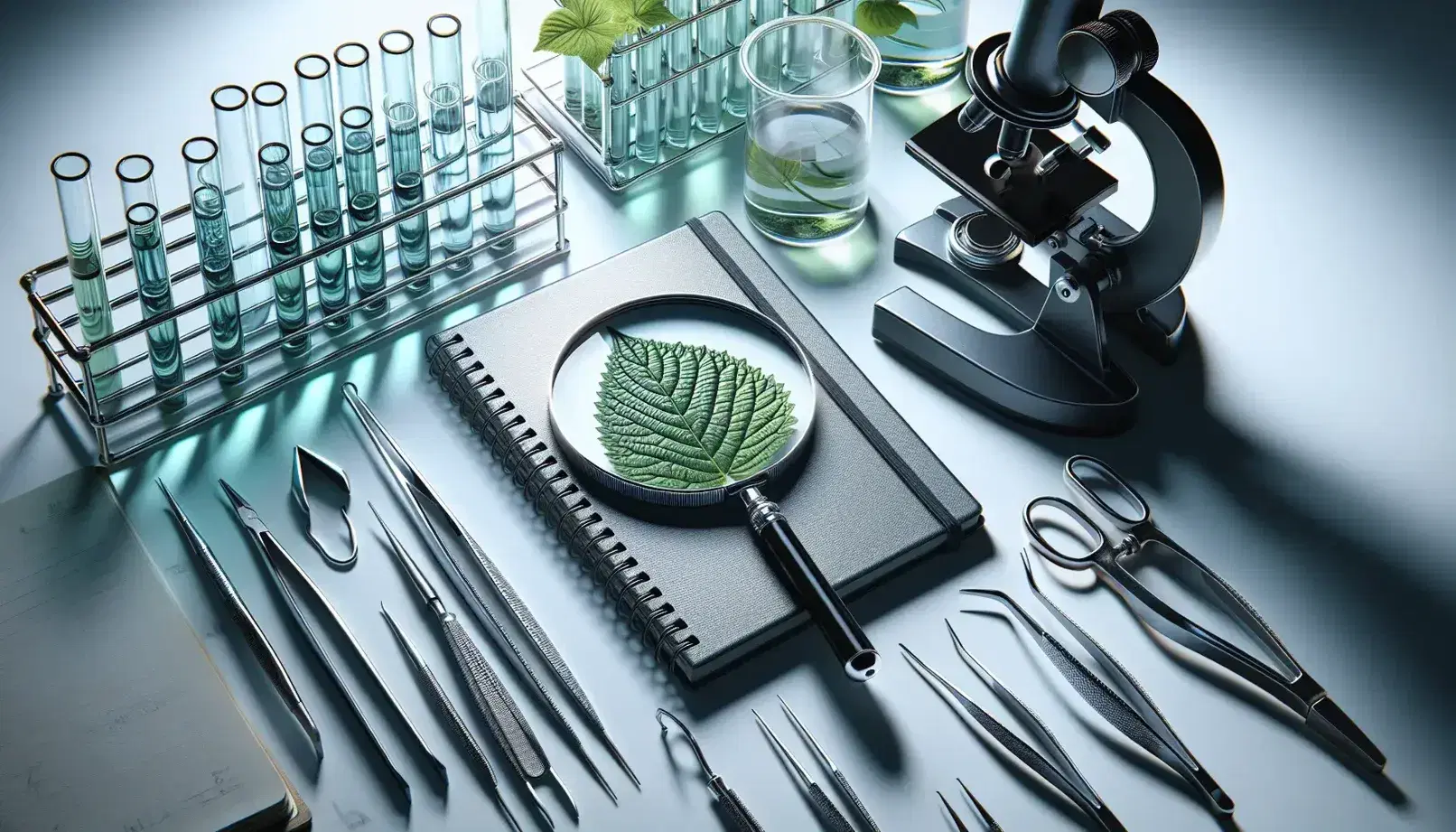 Instrumentos de laboratorio con pinzas metálicas, microscopio, lupa ampliando hoja verde y tubos de ensayo con líquidos en fondo blanco.