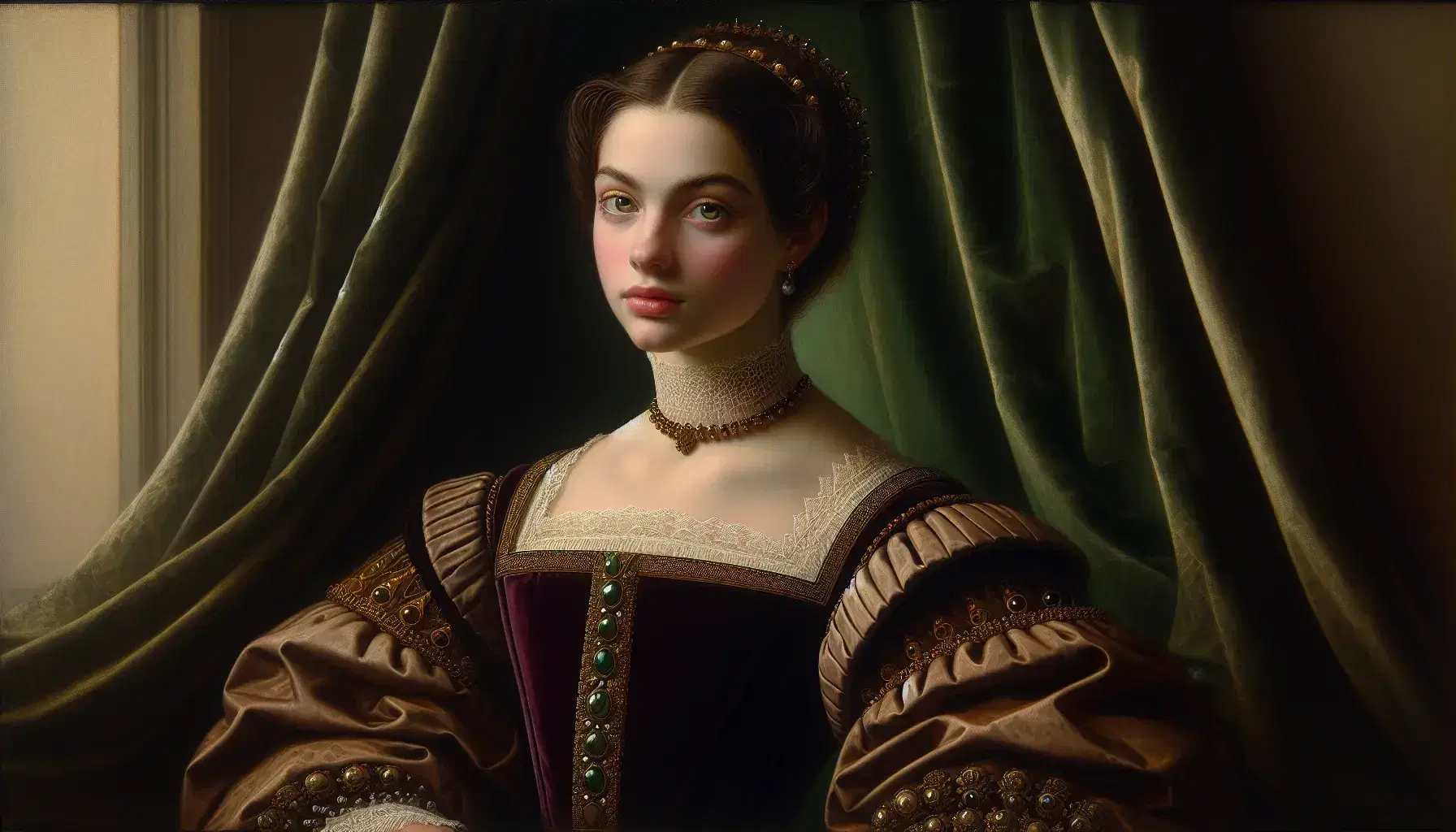 Ritratto olio su tela di donna rinascimentale con abito rosso velluto, colletto pizzo bianco, capelli scuri ornati di gioielli, su sfondo tenda verde.