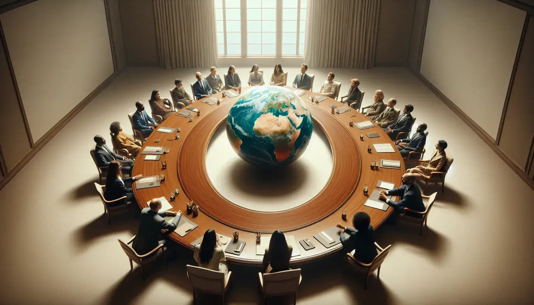 Diverse group in formal attire engaged in discussion around oval table with a prominent globe centered on Africa, in a well-lit, neutral-toned room.