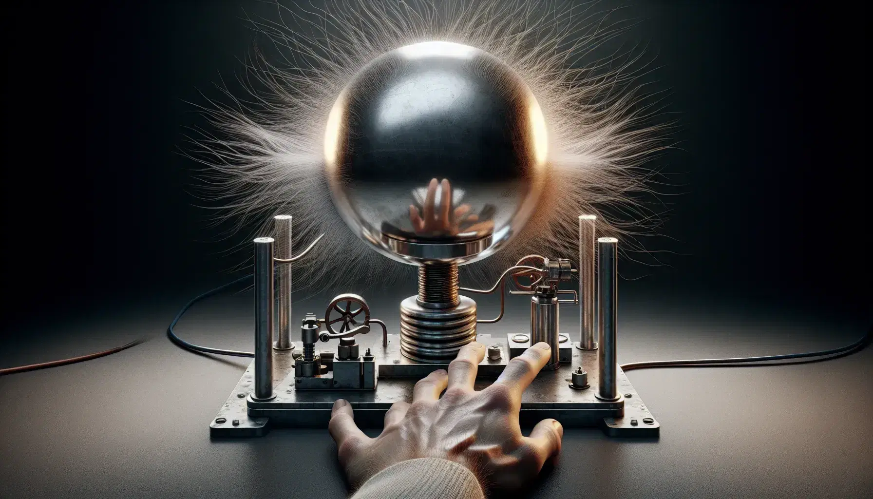 Van de Graaff generator with a hand reaching out, hair strands standing due to static electricity, and a blurred background for focus.
