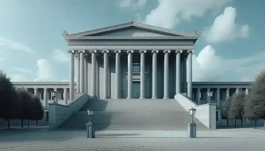 Edificio neoclásico de piedra gris con grandes columnas y frontón triangular, escalinatas al frente y faroles metálicos a los lados, bajo un cielo azul con nubes dispersas.