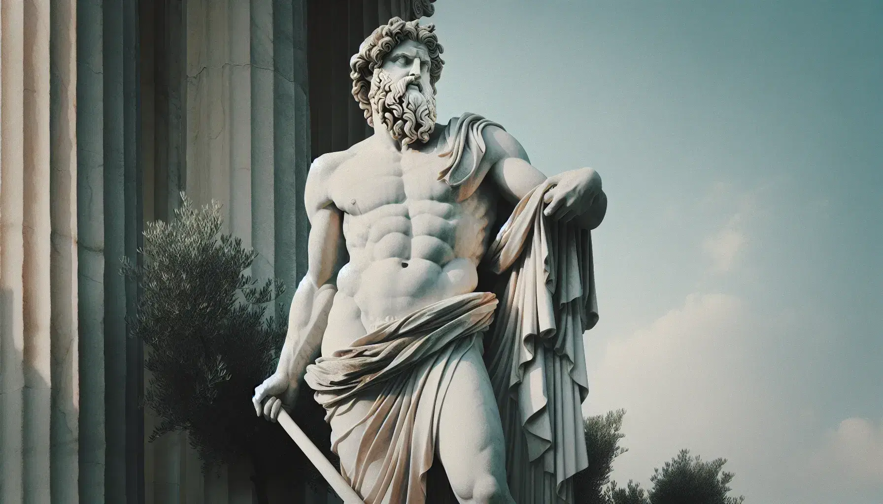 Estatua de mármol blanco de Zeus con barba y toga, sosteniendo un cetro, sobre pedestal de piedra bajo cielo azul con árbol verde.