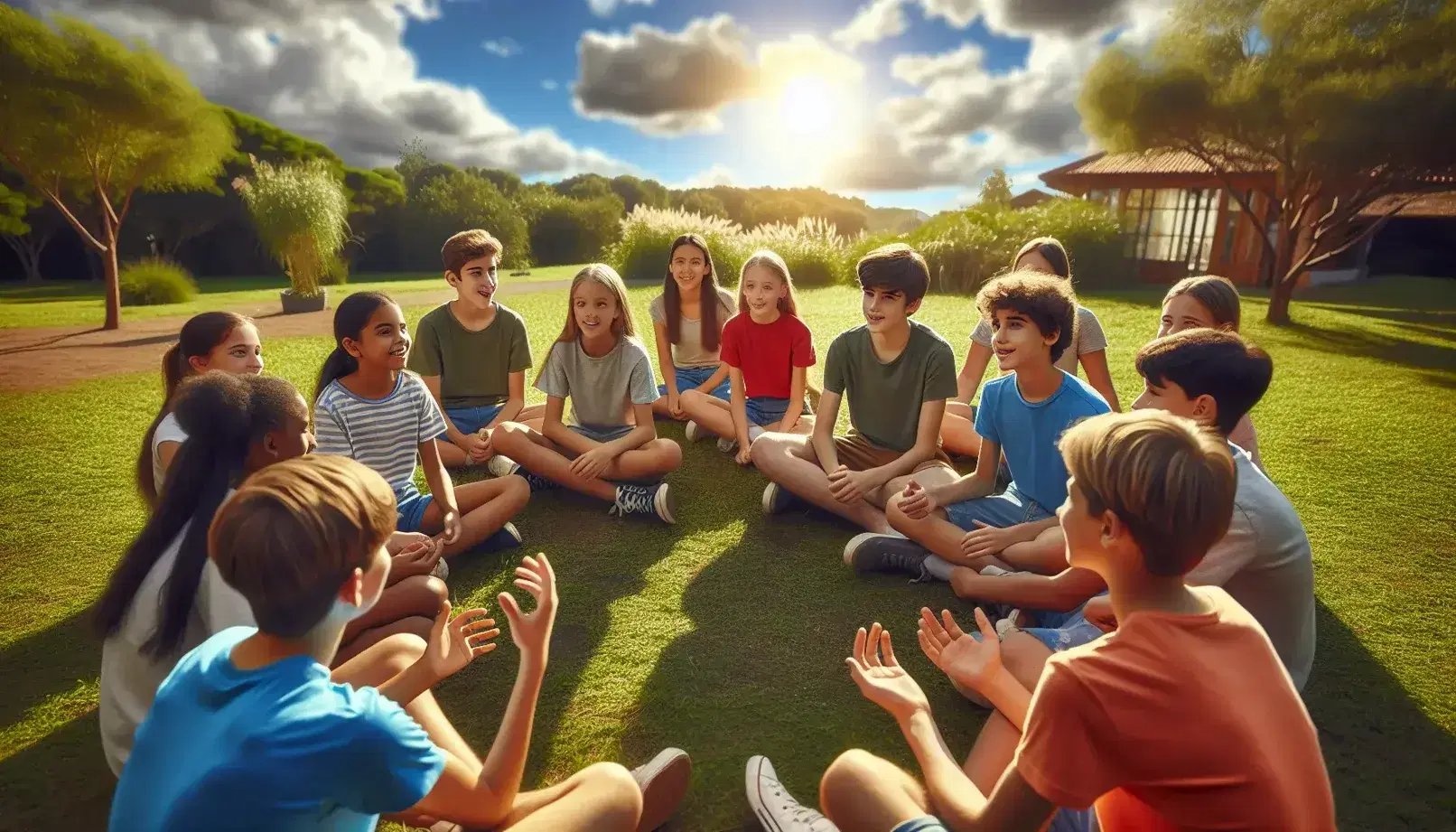 Gruppo multietnico di bambini e adolescenti seduti in cerchio su prato verde, comunicano e interagiscono con entusiasmo sotto cielo azzurro.
