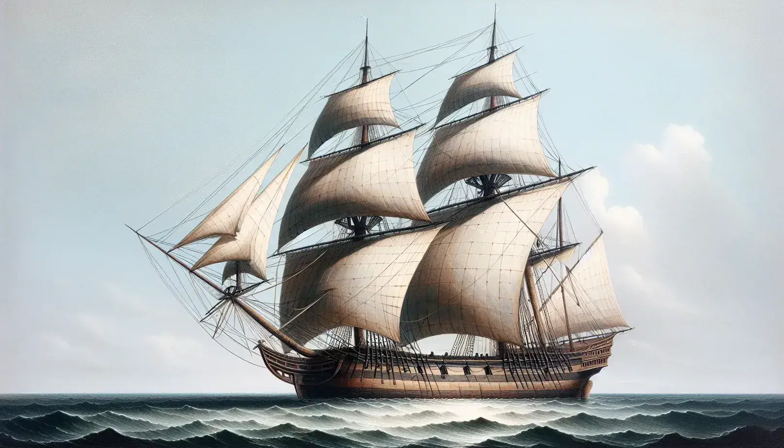 Rappresentazione artistica di una nave negriera del XVIII secolo con tre alberi e vele quadre parzialmente dispiegate, navigante su onde moderate sotto un cielo azzurro.