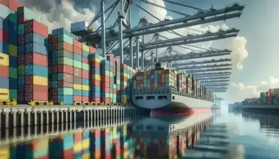 Contenedores de carga apilados en colores variados en un puerto comercial con una grúa portuaria y un barco parcialmente visible en un día soleado con nubes dispersas.