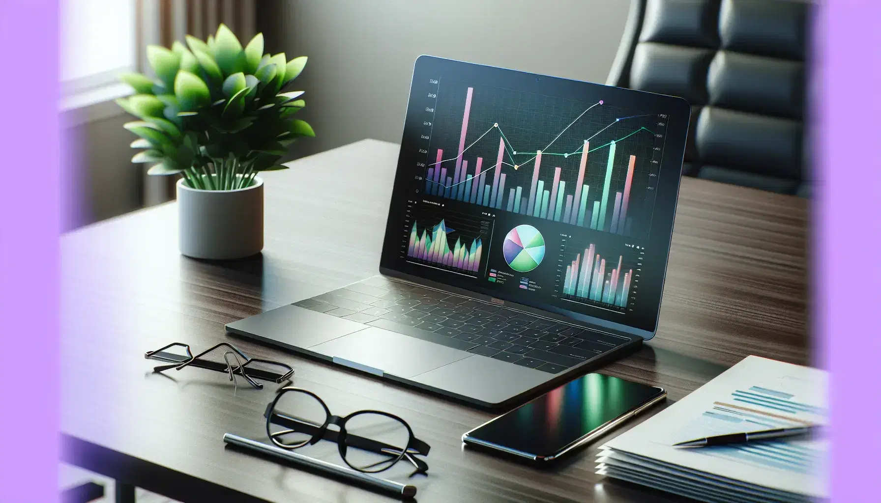 Modern office desk with a laptop displaying graphs, a smartphone, a stack of papers, a green plant in a white pot, and black eyeglasses on a dark wooden surface.