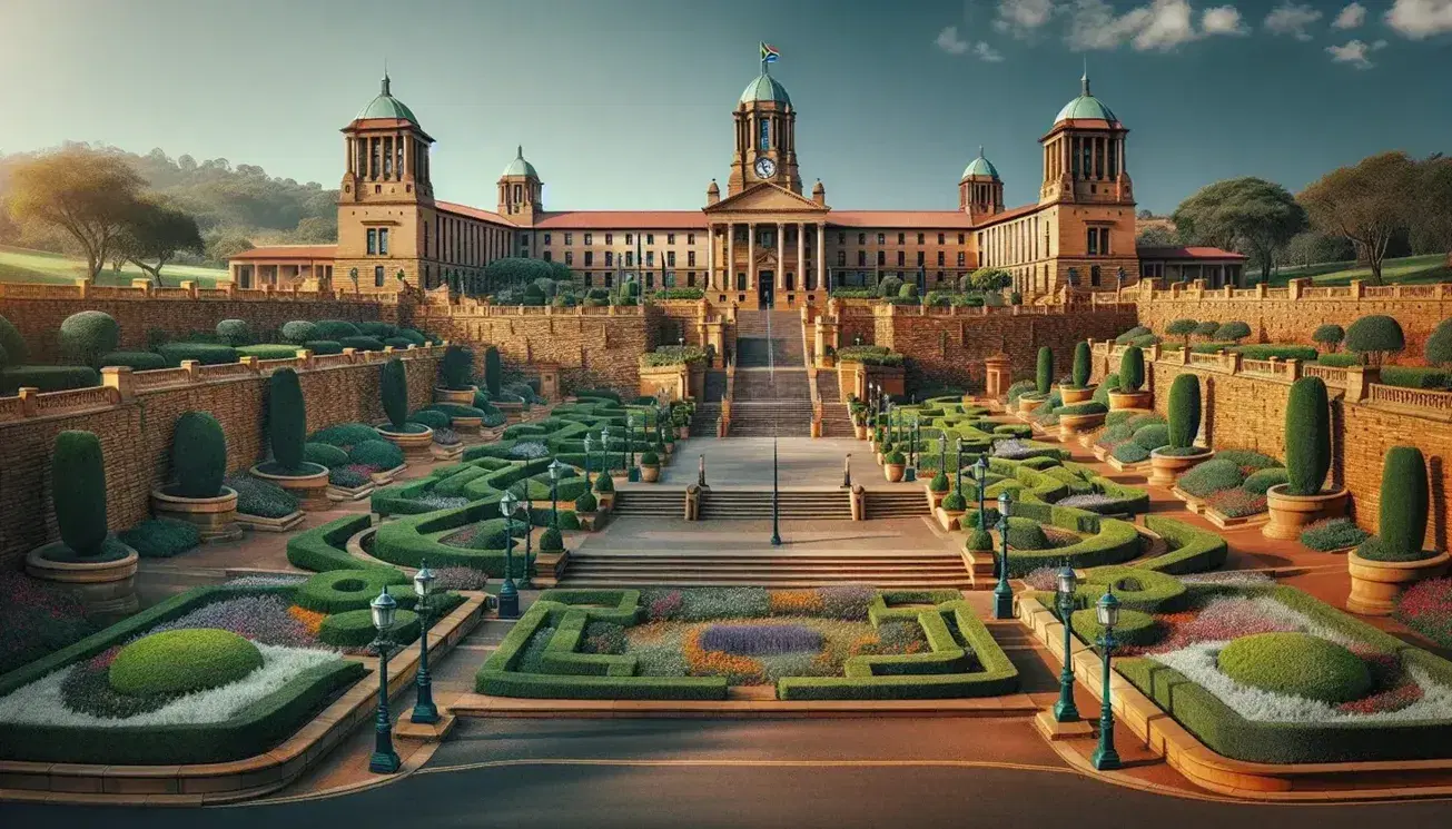 Union Buildings building in Pretoria with manicured gardens, stairways, columns and clock tower under a blue sky.